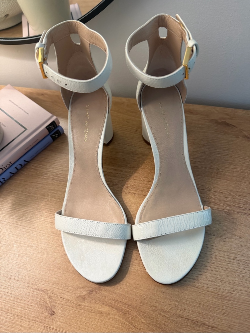 Stuart Weitzman Nudist II Ankle-Strap Block Heels with Buckle - Picture 2 of 9